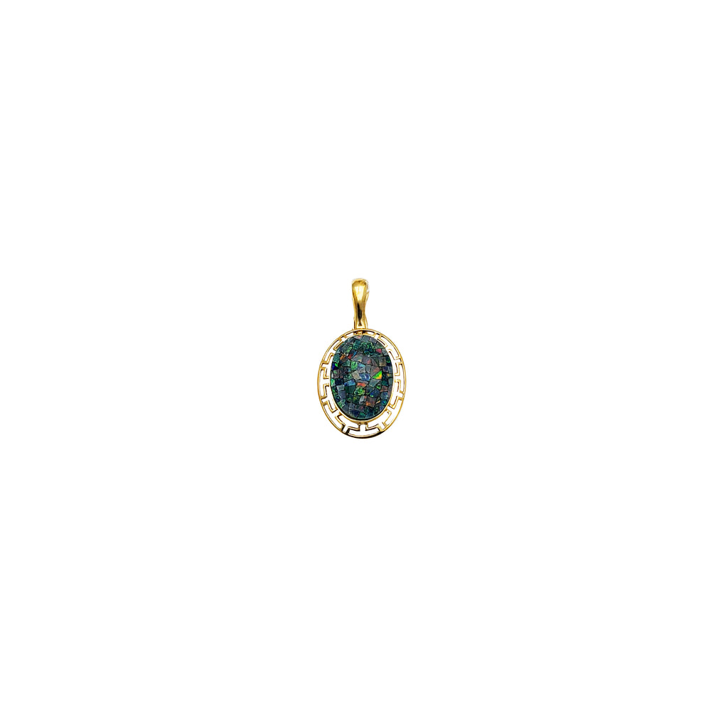 Oval Shape Blue Opal Greek Key Frame Pendant (14K) – Popular J