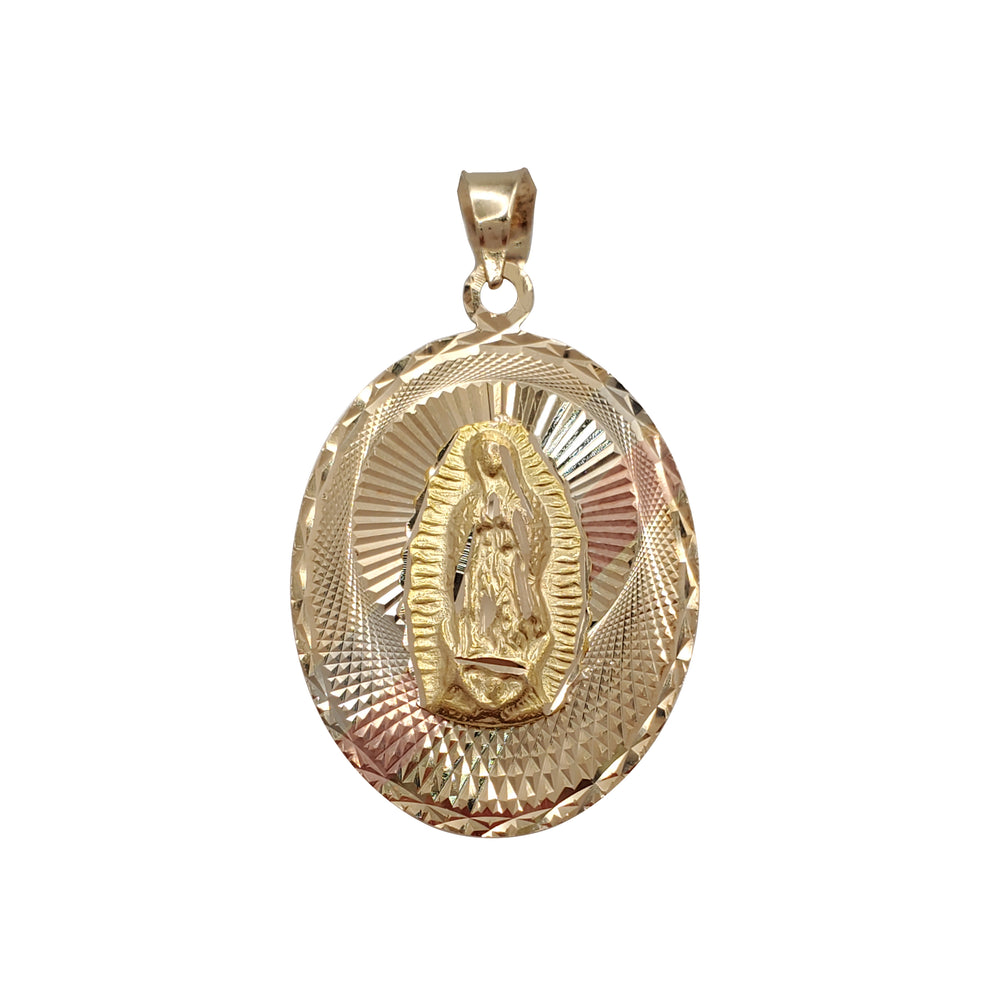 Tricolor Virgin Mary Oval Pendant (14K)