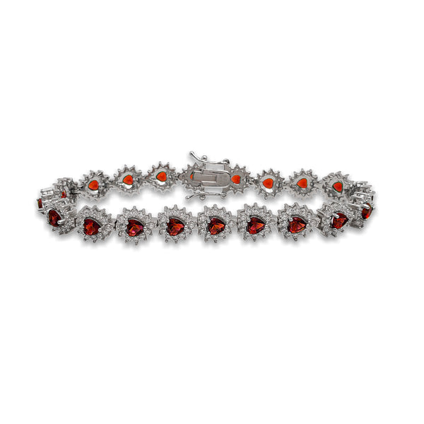 Dark Orange Zirconia Halo Heart Tennis Bracelet (Silver)