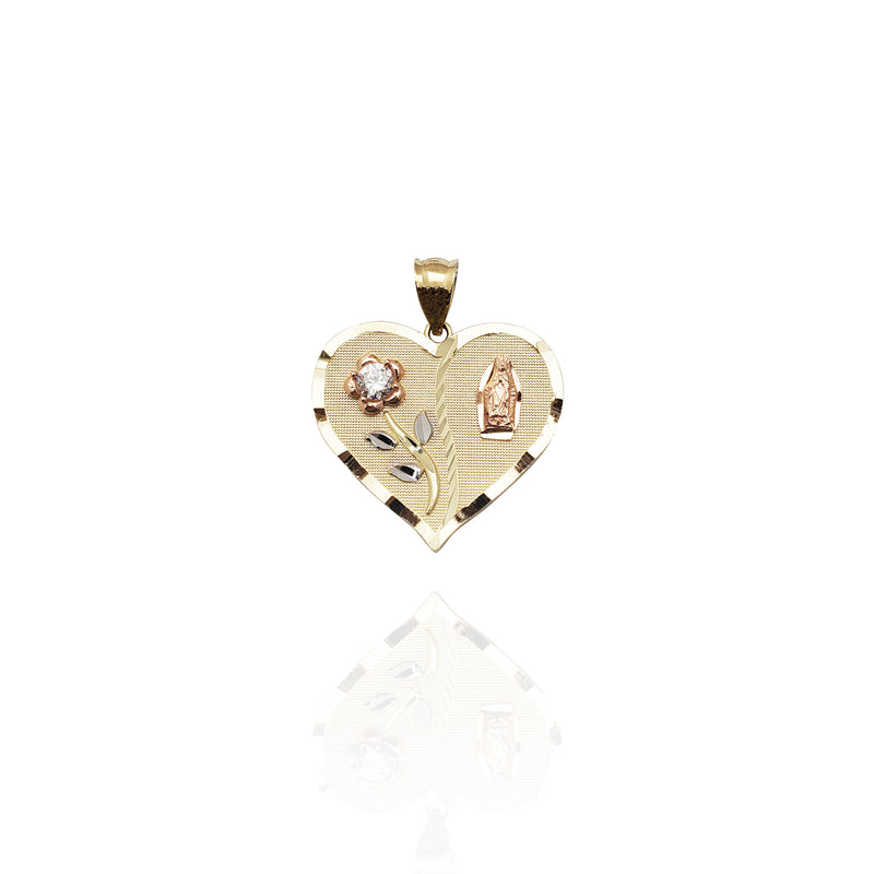Guadalupe and Rose Heart Pendant (14K)