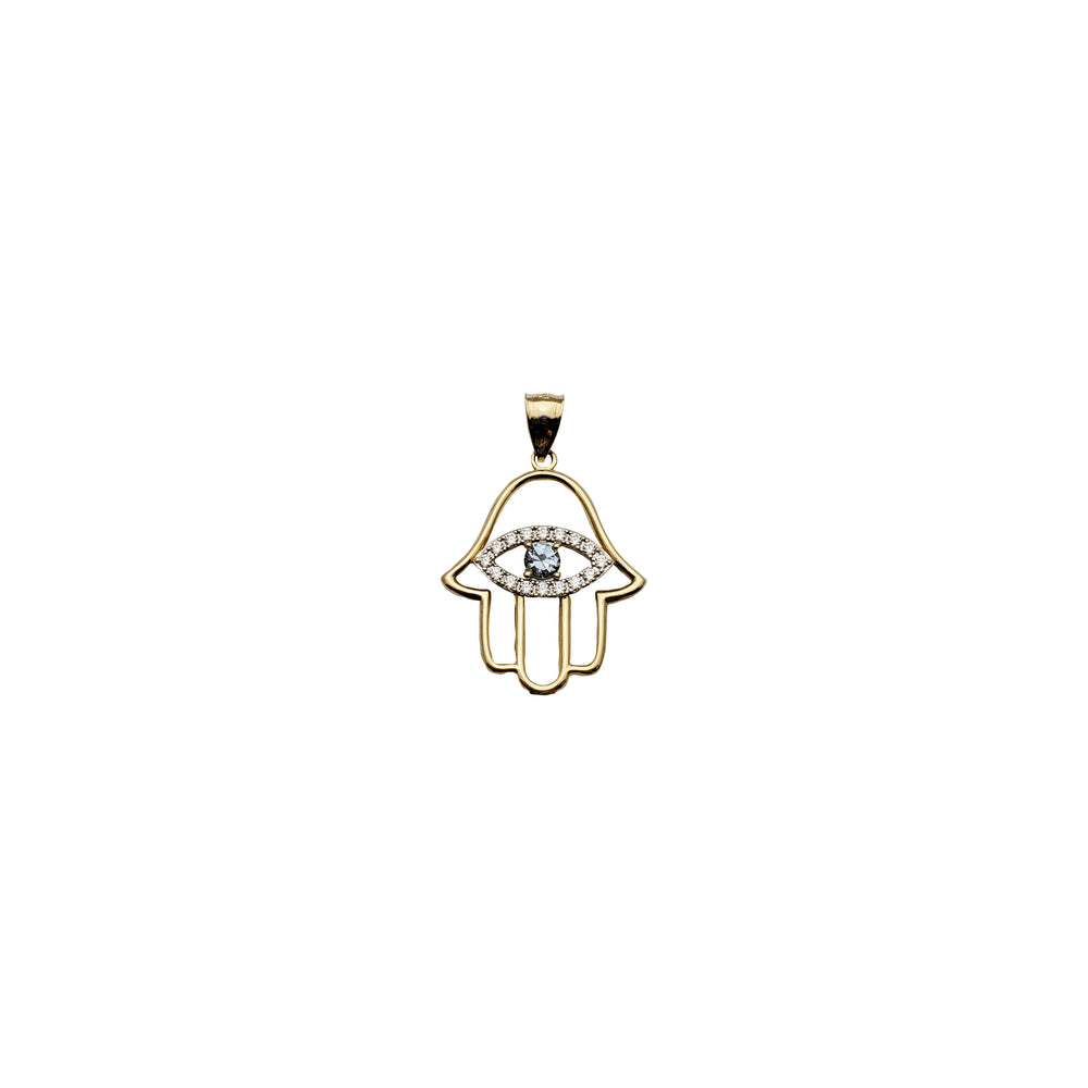 Yellow Gold CZ Evil Eyes Hamsa Pendant (14K)
