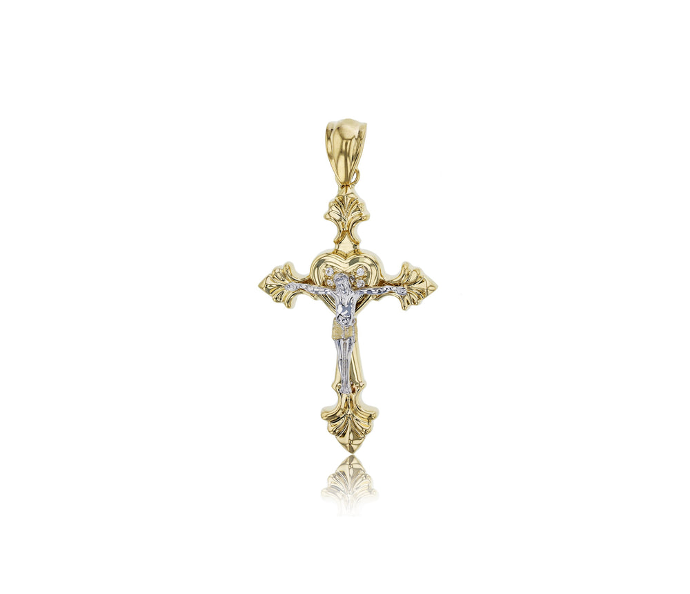 Two-tone Heart Jesus Cross Pendant (14K)