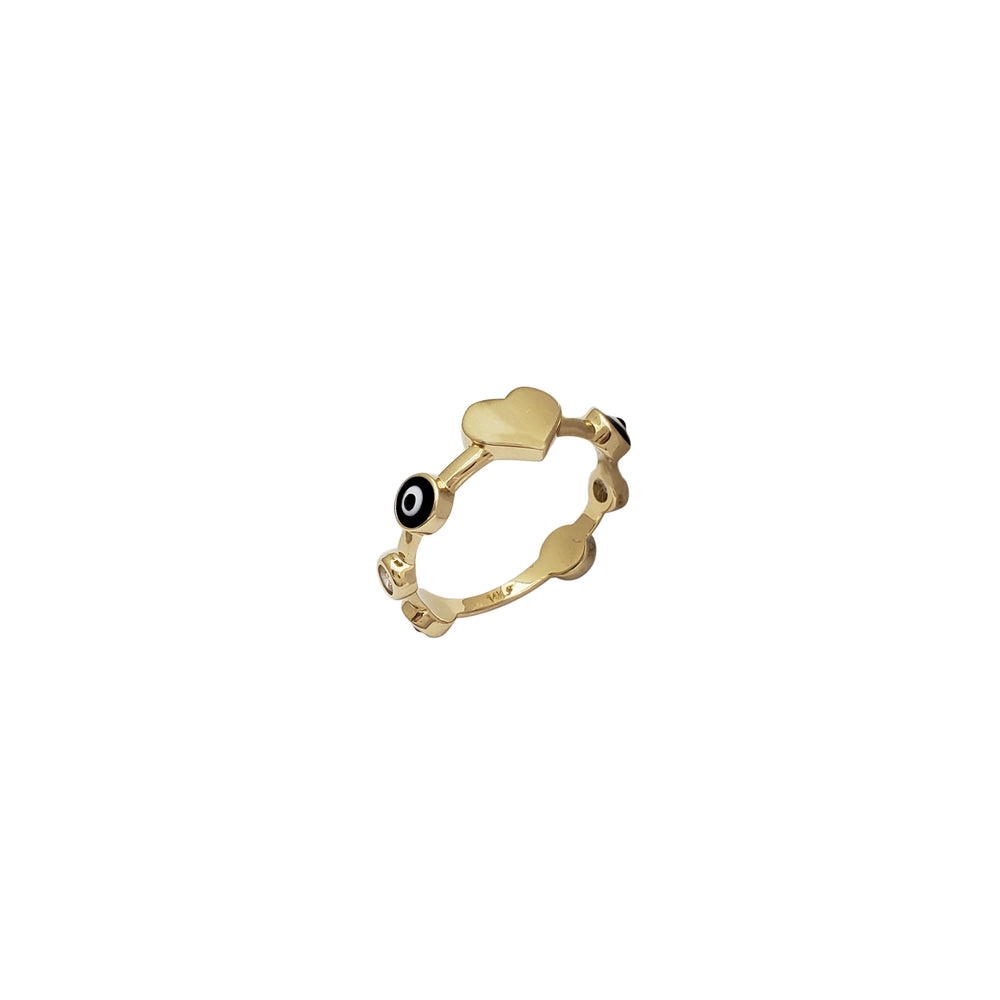 Bezeled Evil Eyes Heart Signet Ring (14K)