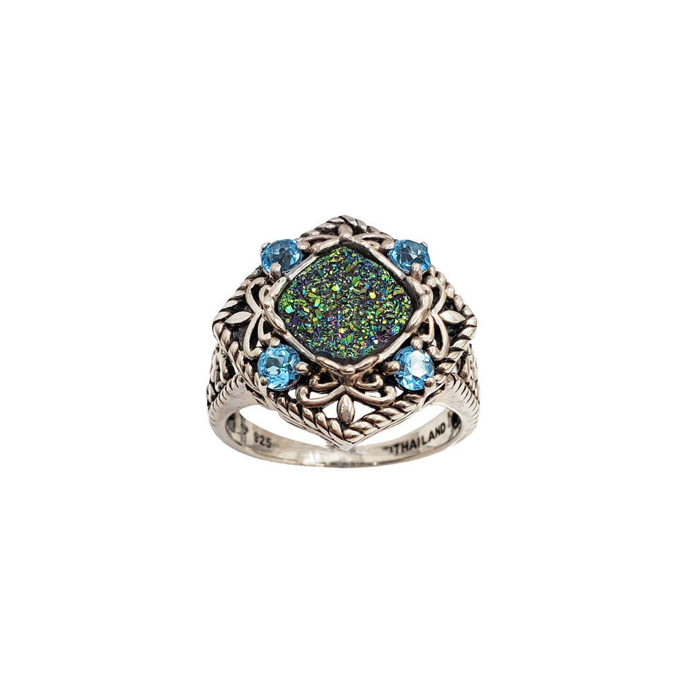 Antique-Finish Blue Stones Ring (Silver)