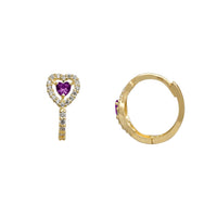 Halo Purple Heart Stone-Set U Shape Huggie Earring (14K)