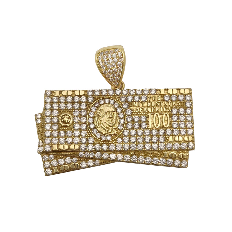 Iced Out Hundred Dollars Bills CZ Pendant (14K) 14 Karat Yellow Gold, Cubic Zirconia, Popular Jewelry New York