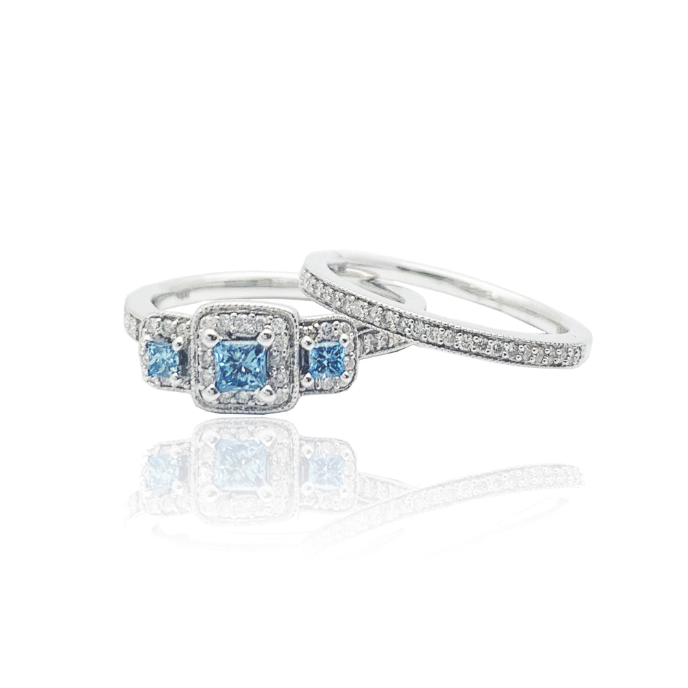Three Stone Aquamarine Bridal Diamond Set Ring (14K)
