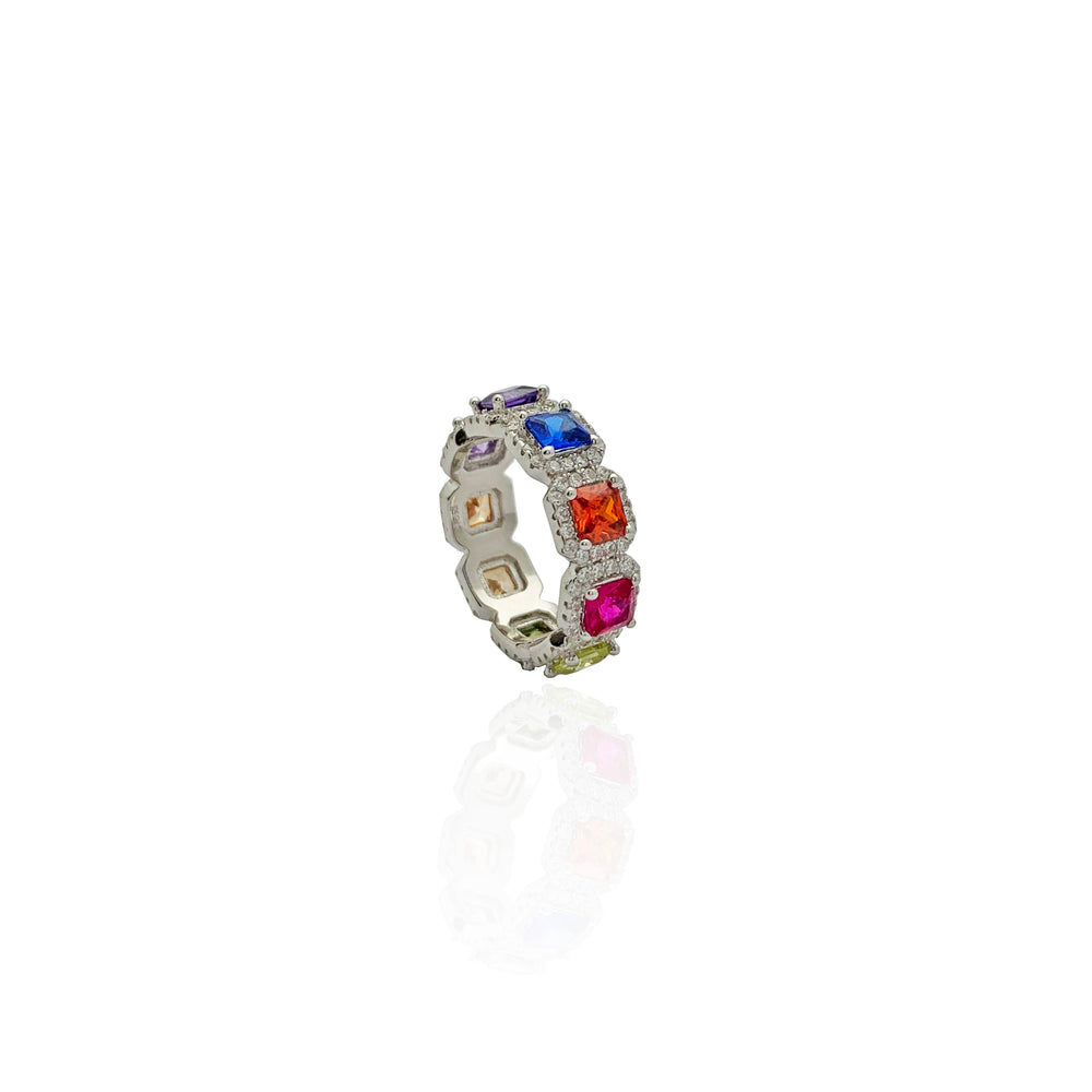 Rainbow Halo Stone Eternity Band (Silver)