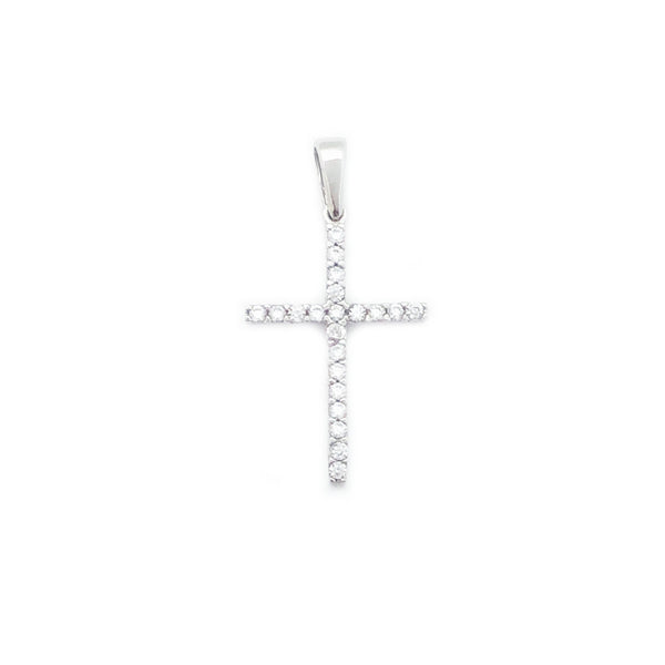 White Gold Single Row CZ Cross Pendant (14K)