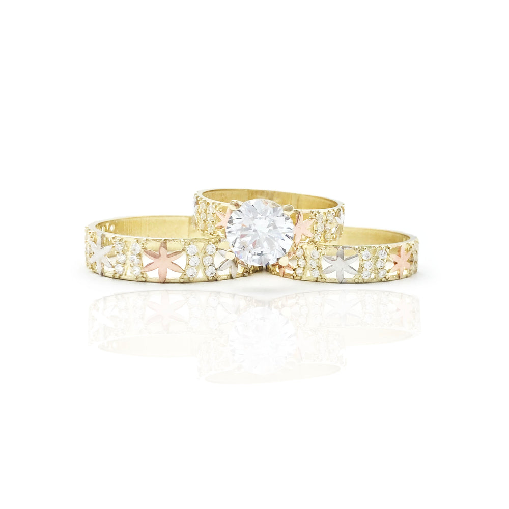 Three Pieces Tri-Color Leaf Design CZ Ring (10K)