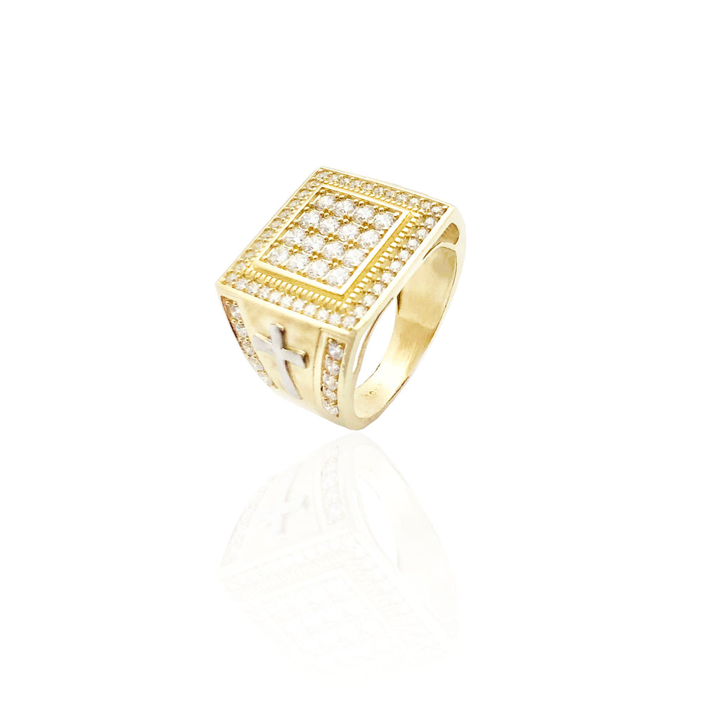 Two-Tone Square CZ Cross Ring (10K)