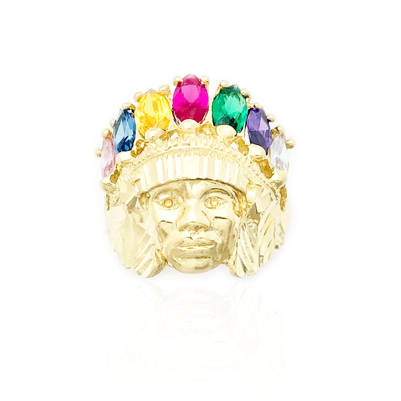 Indian Chief Head Diamond-Cut & Multi-Color CZ Ring (10K) – Popular J