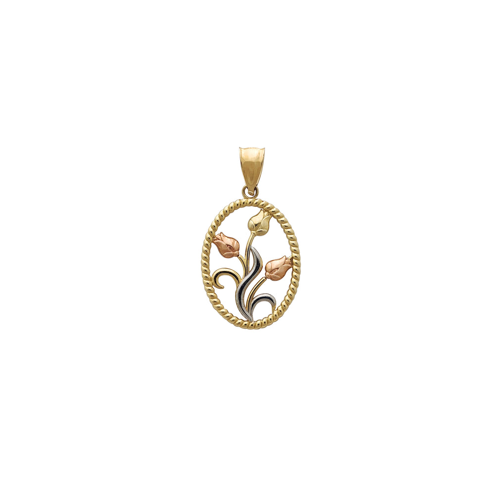 Tricolor Braided Frame Long-Stem Rose Flower Pendant (14K)