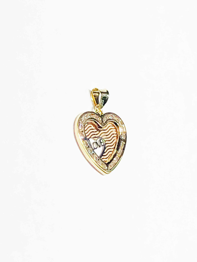 "LOVE" Tri-Color Heart CZ Pendant (14K)