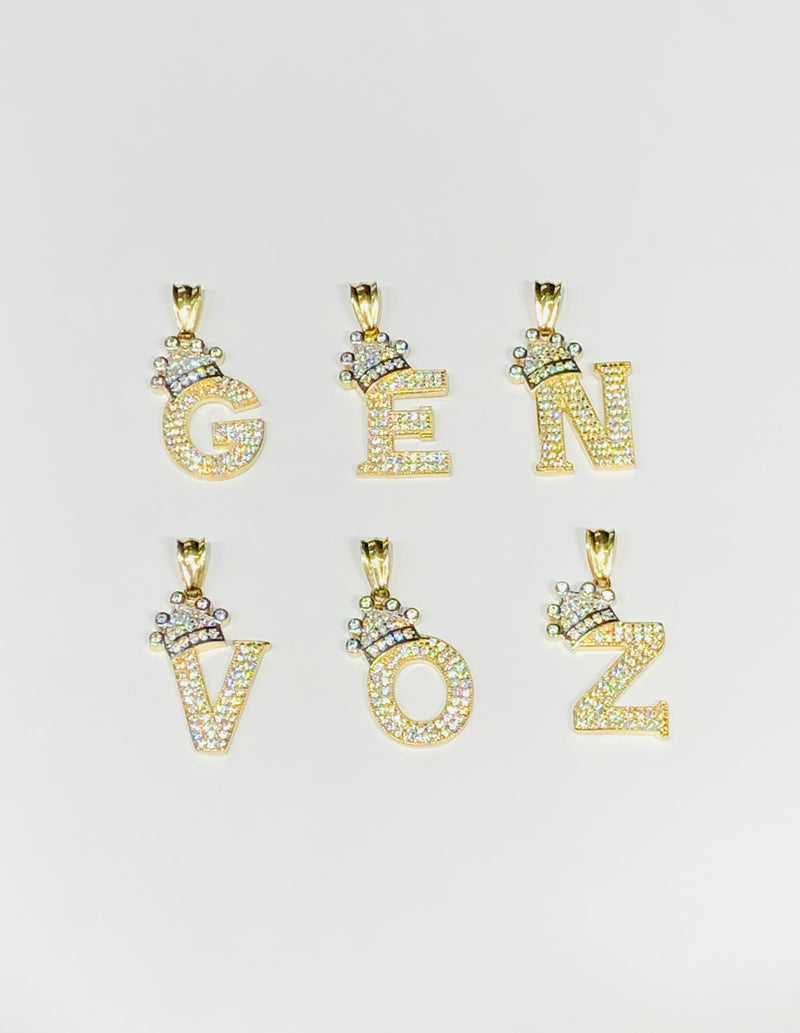 Two-Tone Letters W/Crown CZ pendant (14K)