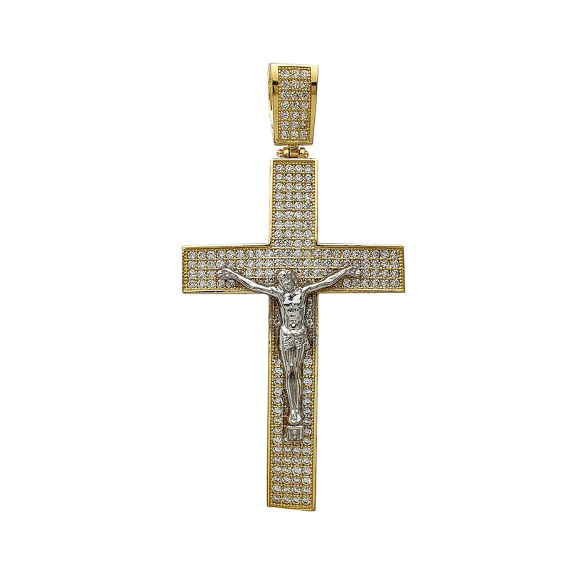 Iced-Out Semi-Convex Crucifix Pendant (14K) Popular Jewelry New York