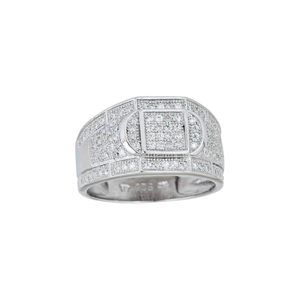 Iced-Out Square & Crescent Moon Men's Ring (Silver) Popular Jewelry New York