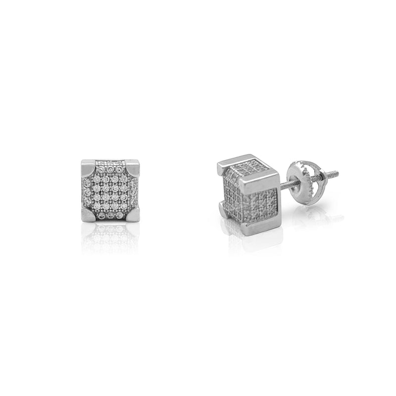 Iced-Out Box Stud Earrings (Silver) Popular Jewelry New York