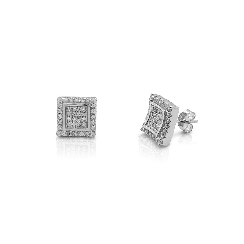 Iced-Out Curved Square Stud Earrings (Silver) Popular Jewelry New York