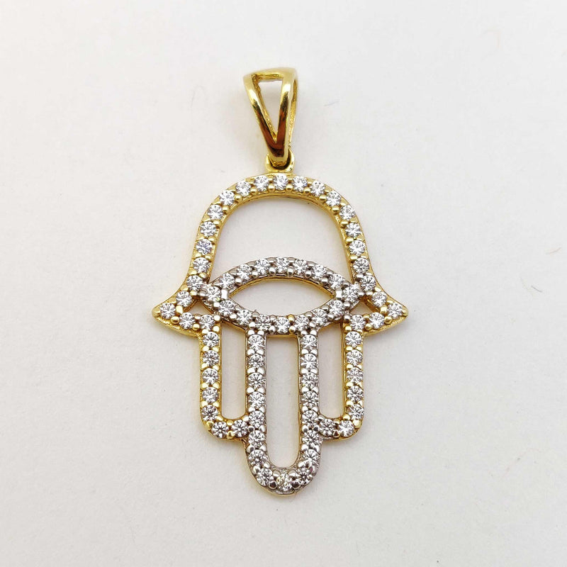 Iced-Out Hamsa Hand Two-Tone CZ Pendant (14K).