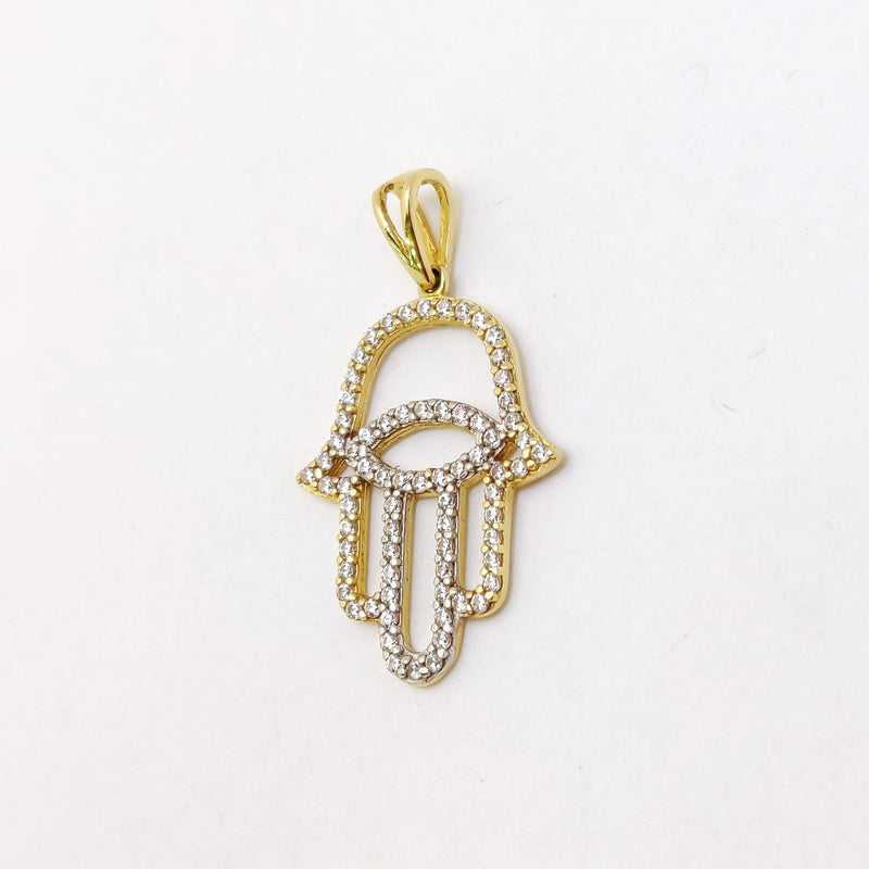 Iced-Out Hamsa Hand Two-Tone CZ Pendant (14K).