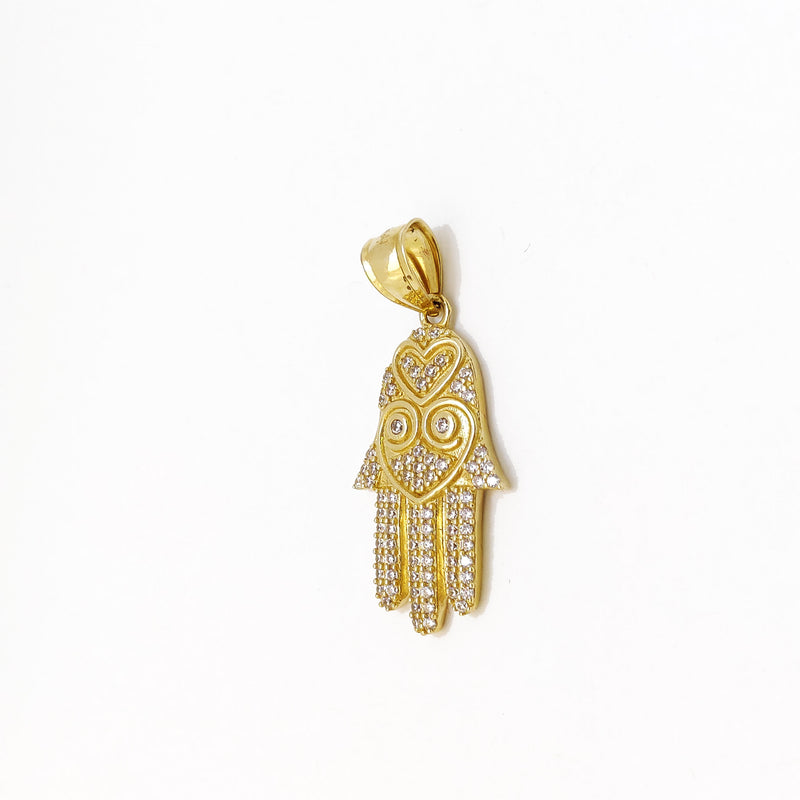 Iced-Out Hamsa Hand with Heart CZ Pendant (14K).