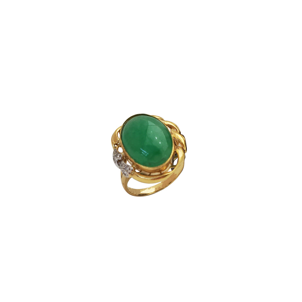 Oval Jade Frame Floral Diamond Ring (14K)