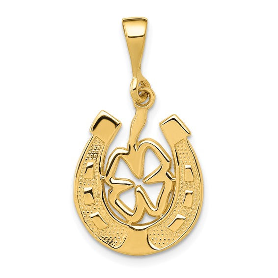 Glossy 4-Leaf Clover Horseshoe Frame Pendant (14K)