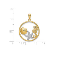Seashell, Starfish & Seahorse Round Frame Pendant (14K)