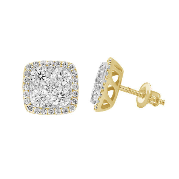 Diamond Two-Tone Round Cluster Square Stud Earrings (14K)