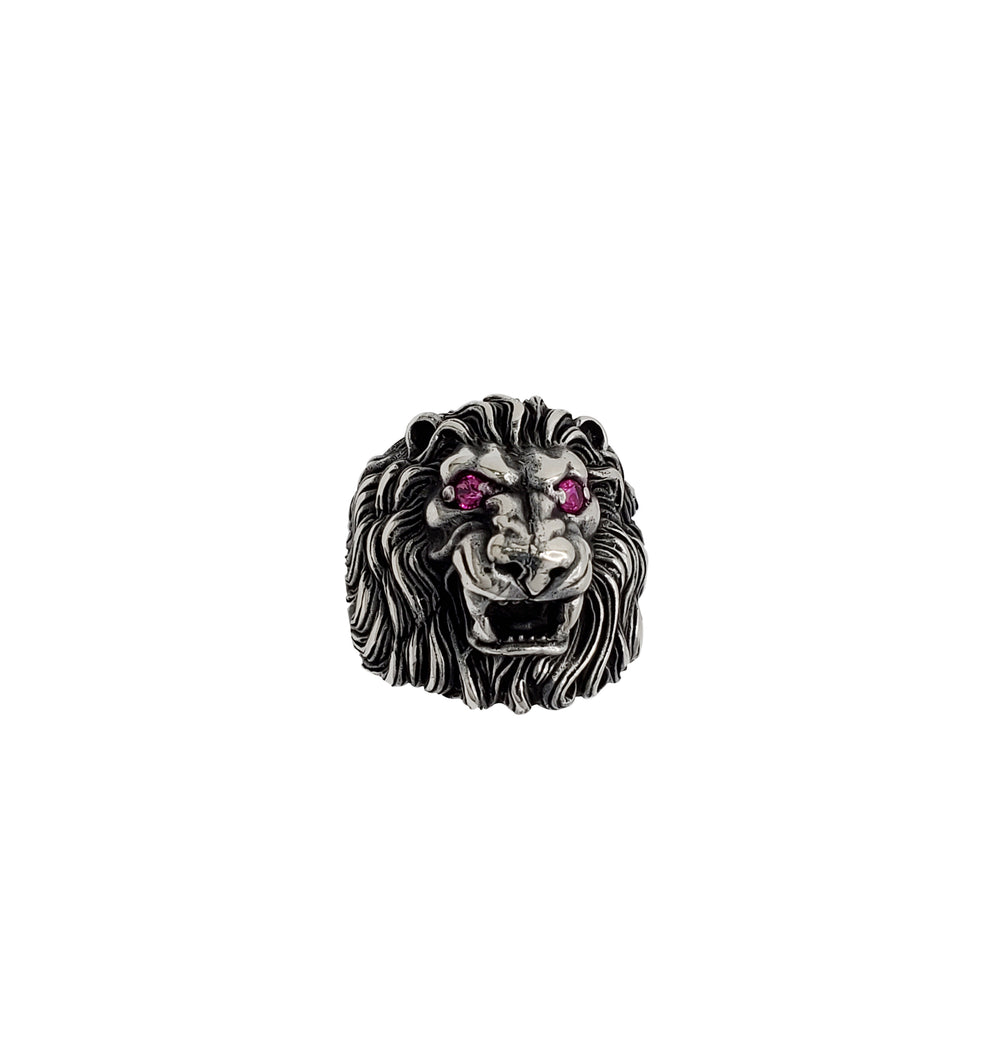 Antique-Finish Crimson Eye Lion Head Ring (Silver)