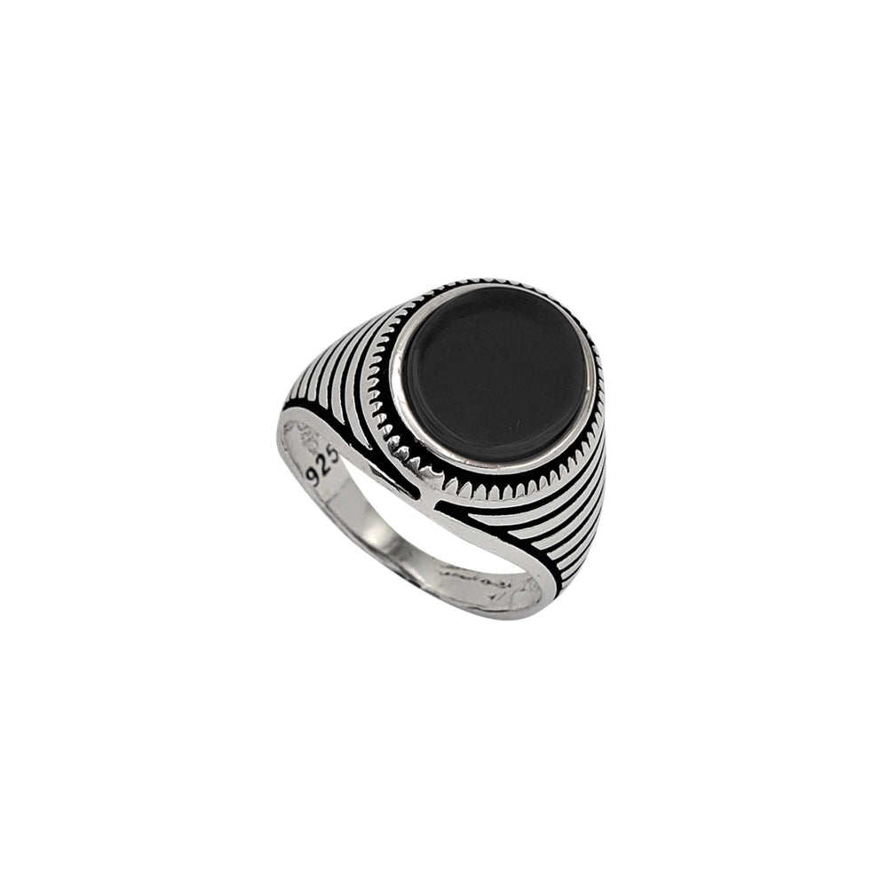 Antique-Finish Ridged Oval Black Onyx Men's Ring (Silver)