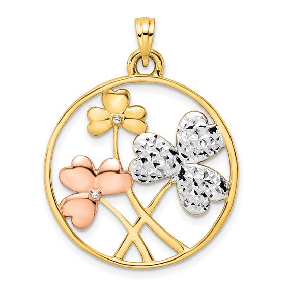 Tricolor Round Outlined Frame Clovers Pendant (14K)