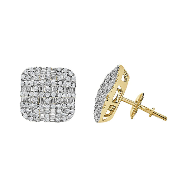 Diamond Baguettes & Round Cluster Square Stud Earrings (14K)