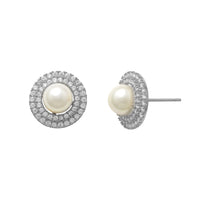 Orecchini a bottone con zirconi e perle (14K)