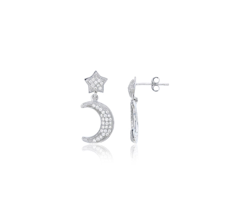 Dangling Star & Moon Micropave Dangling Earrings (Silver)