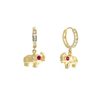 Zirconia Red-Eyes Elephant Hanging Huggie Earrings (14K)