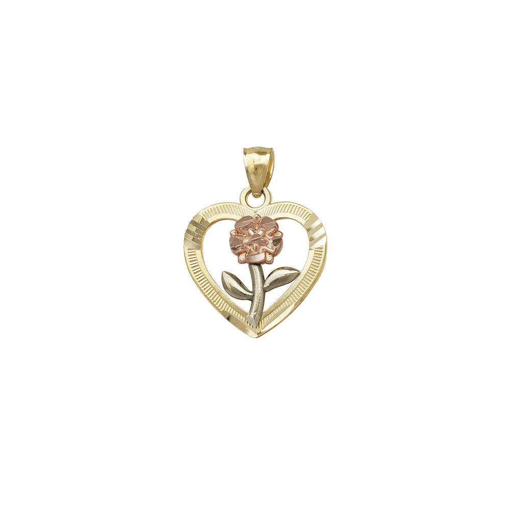 Halo Heart Shape Long Stem Rose Pendant (14K)