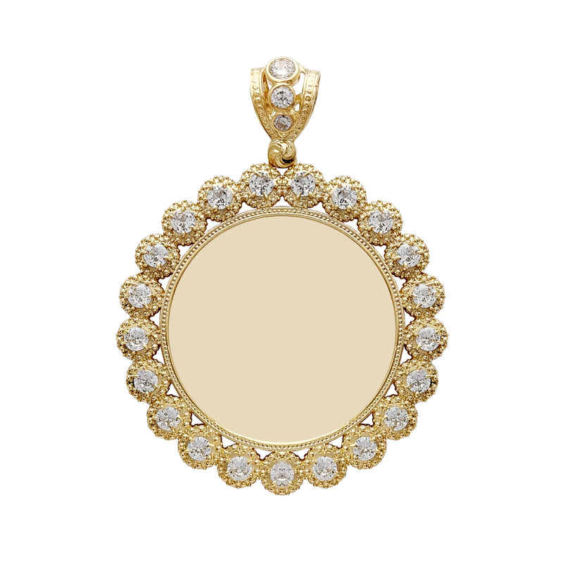 Large Size Milgrain Budded Frame Round Medallion Picture Pendant (14K) Popular Jewelry New York