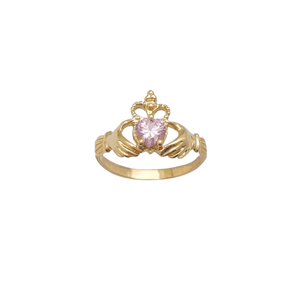 Milgrained Crown Pink Stone Set Claddagh Ring (14K) Popular Jewelry New York
