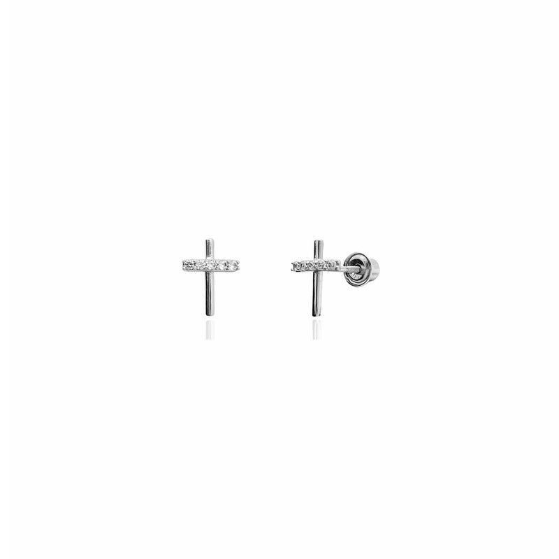Mini Cross CZ Stud Earrings (14K) 14 Karat White Gold, Popular Jewelry New York