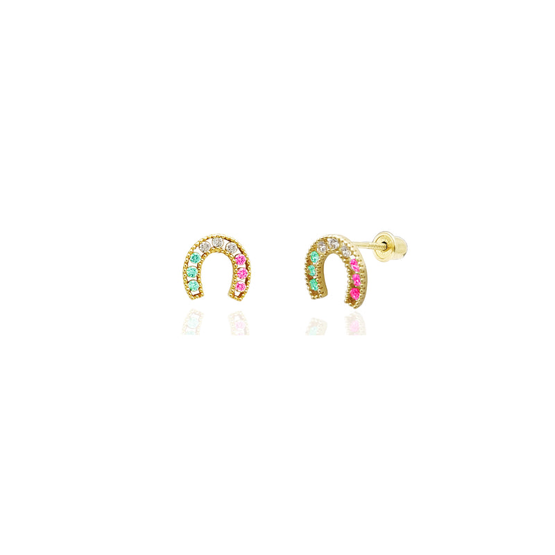 Mini Horseshoe Stud CZ Earrings (14K) 14 Karat Yellow Gold, Popular Jewelry New York