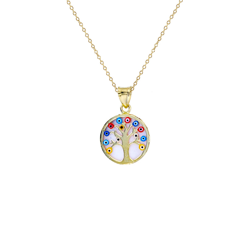 Mother of Pearl Evil Eyes Tree of Life Fancy Necklace (14K) Popular Jewelry New York