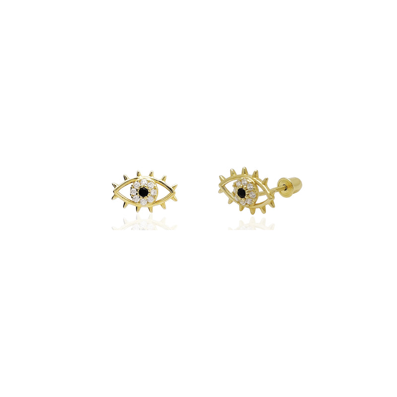 Outline Evil Eye CZ Stud Earrings (14K) 14 Karat Yellow Gold, Popular Jewelry New York