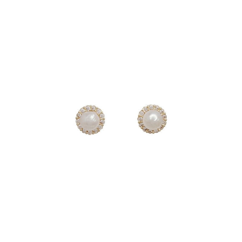 Zirconia Halo Pearl Stud Earrings (14K)