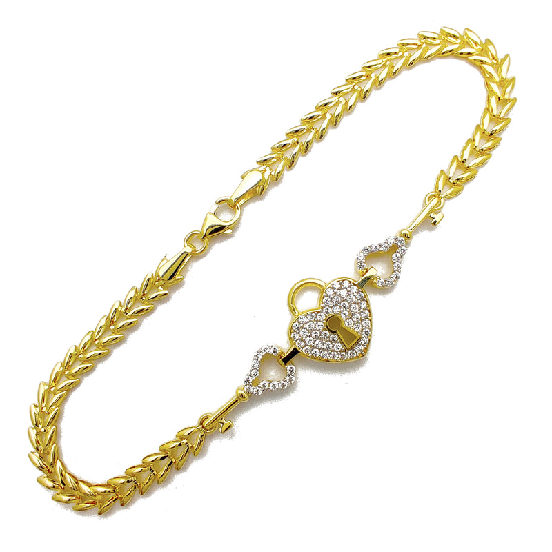 Pave Heart Lock & Key Fancy Bracelet (14K) Popular Jewelry New York