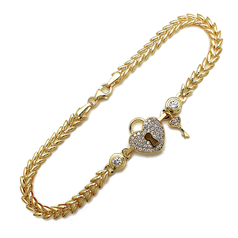 Pave Heart Lock & Little Key Fancy Bracelet (14K) Popular Jewelry New York