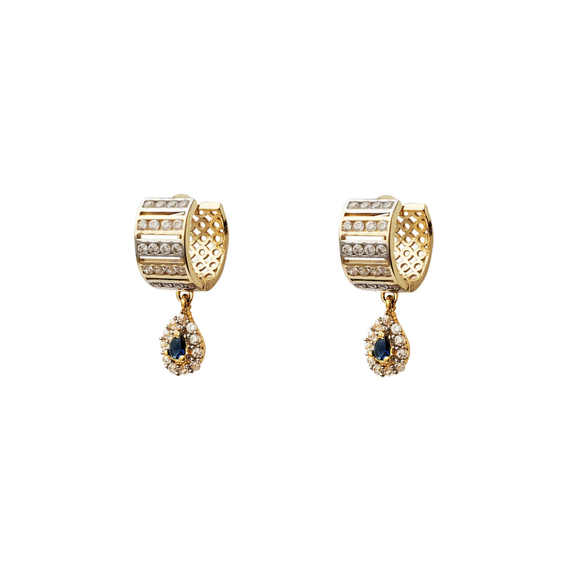 Pave Two-Tone Blue Teardrop Hanging Huggie Earrings (14K) Popular Jewelry New York
