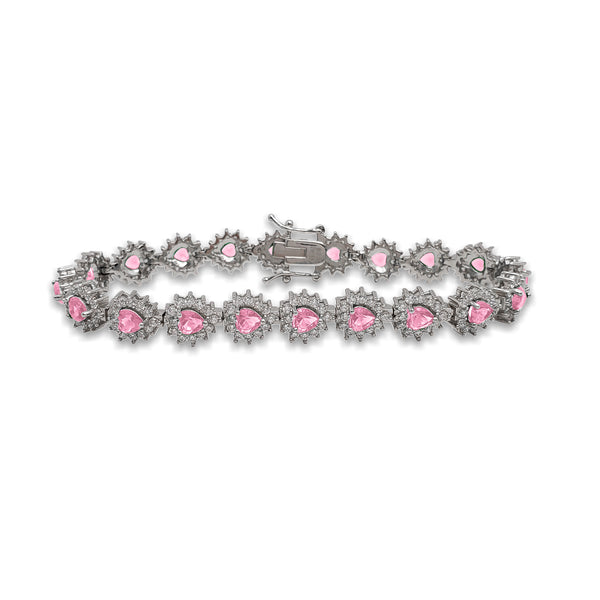 Pink Zirconia Halo Heart Tennis Bracelet (Silver)