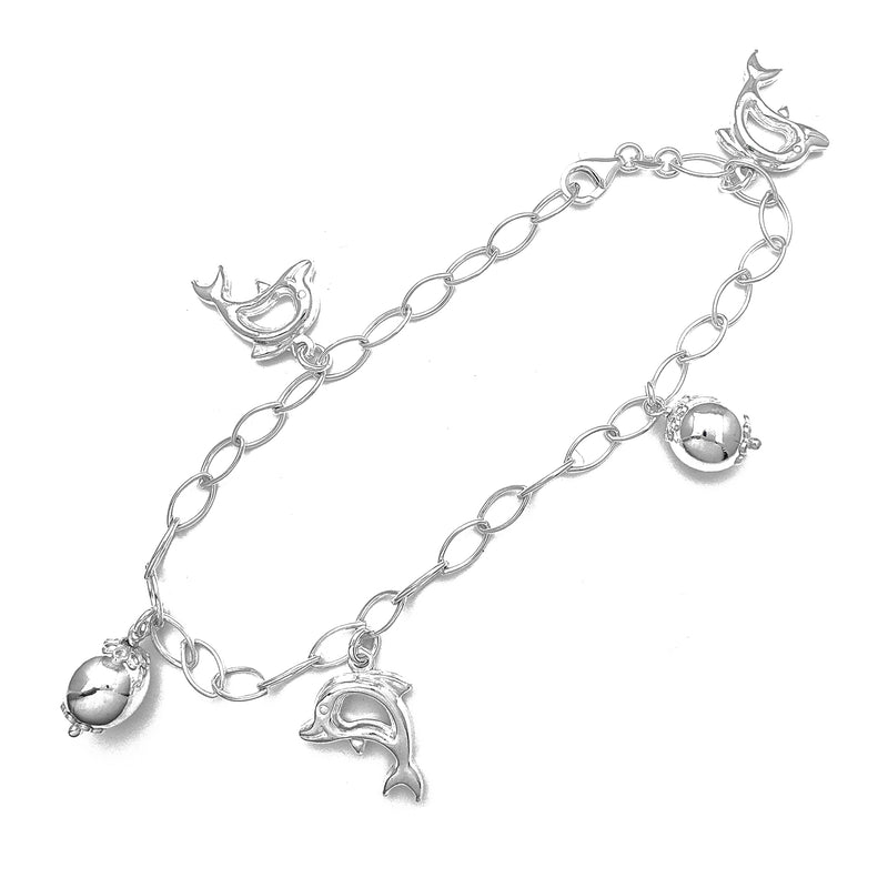 Puffy Dolphin Charms Anklet (Silver)